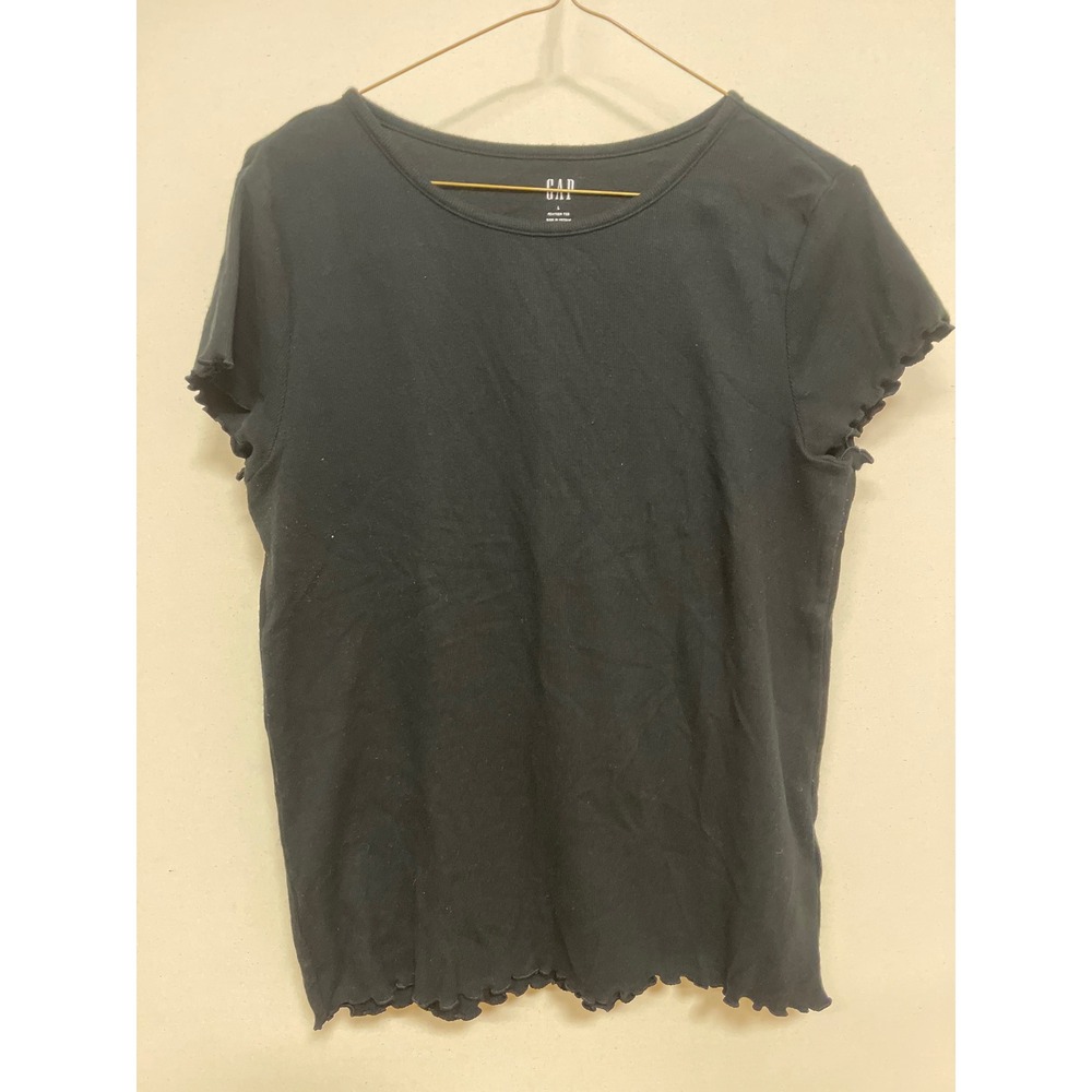 Gap Feather Tee Black Ribbed Lettuce Edge Short Sleeve Scoop Neck Top Large